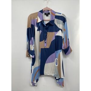 Ashley Stewart Sharkbite Shirt Womens 10/12 Multi Abstract Print 3/4 Sleeve NWT